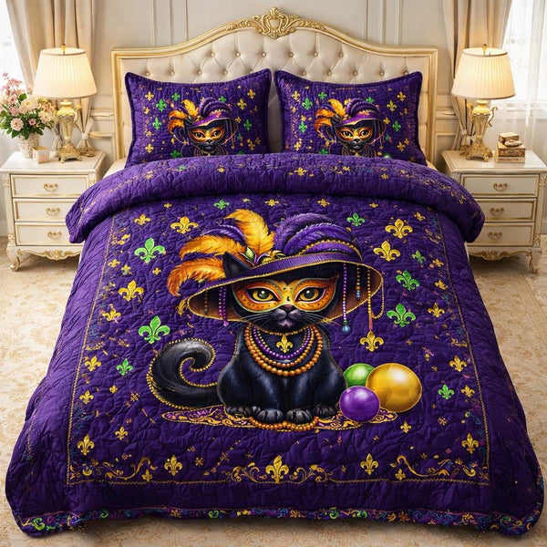 Mardi Cat quilted 3-piece bedding set on a made bed with two matching pillow shams