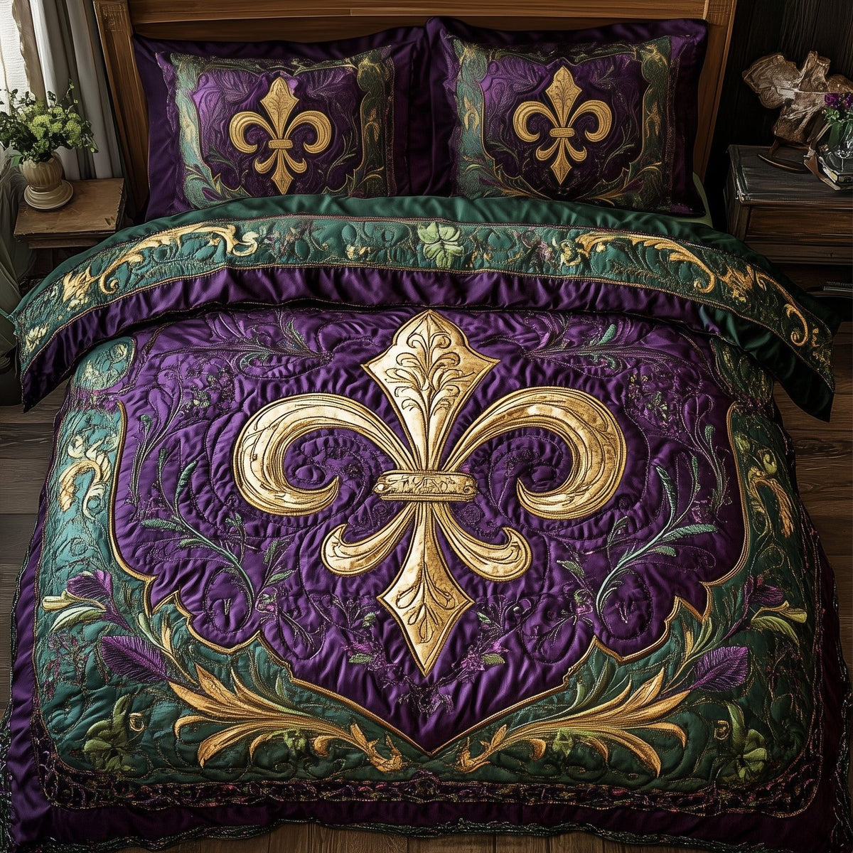 Mardi Gras Fleur de lis quilted 3-piece bedding set on a made bed with two matching pillow shams