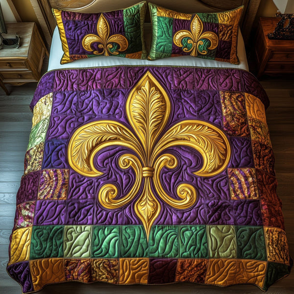 Mardi Gras Fleur De Lis quilted 3-piece bedding set on a made bed with two matching pillow shams