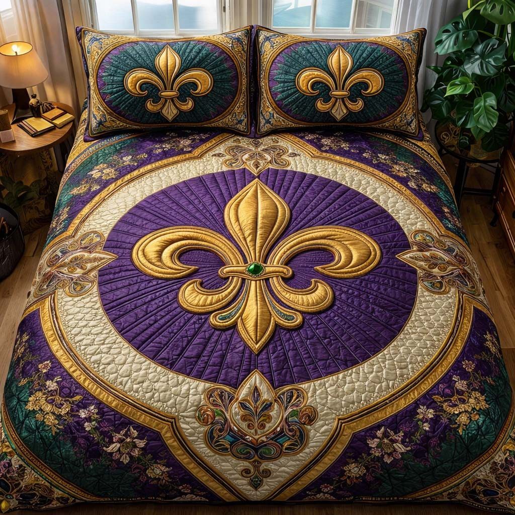 Mardi Gras Fleur quilted 3-piece bedding set on a made bed with two matching pillow shams