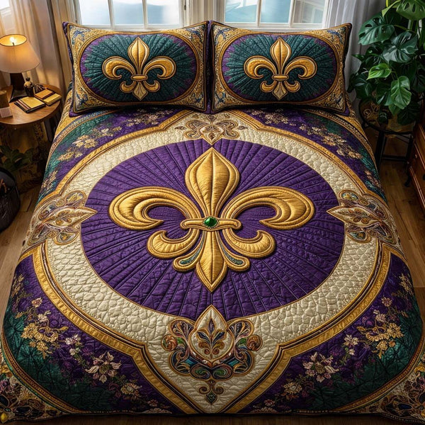 Mardi Gras Fleur quilted 3-piece bedding set on a made bed with two matching pillow shams