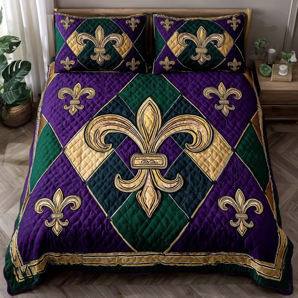 Mardi Gras Fleur quilted 3-piece bedding set on a made bed with two matching pillow shams