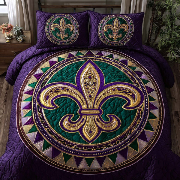 Mardi Gras Fleur quilted 3-piece bedding set on a made bed with two matching pillow shams