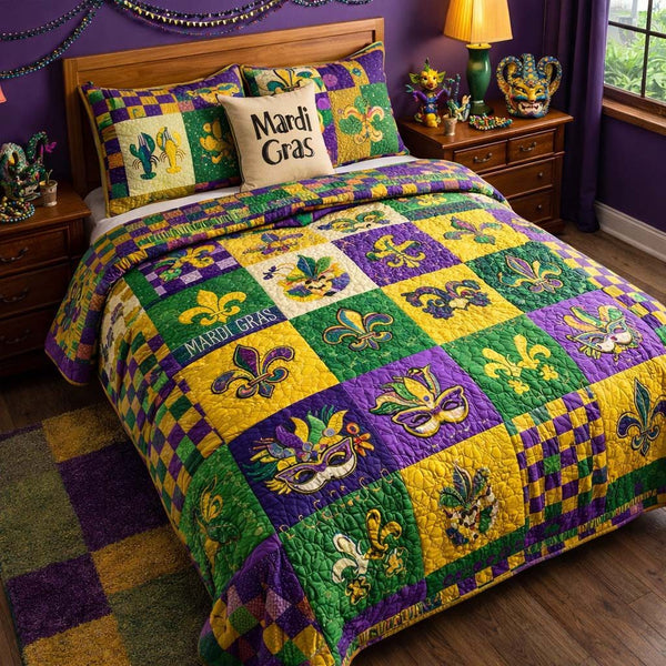 Mardi Patchwork quilted 3-piece bedding set on a made bed in a farmhouse bedroom
