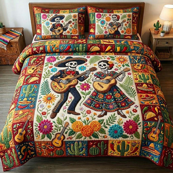 Mariachi Fiesta Love quilted 3-piece bedding set on a made bed with two matching pillow shams