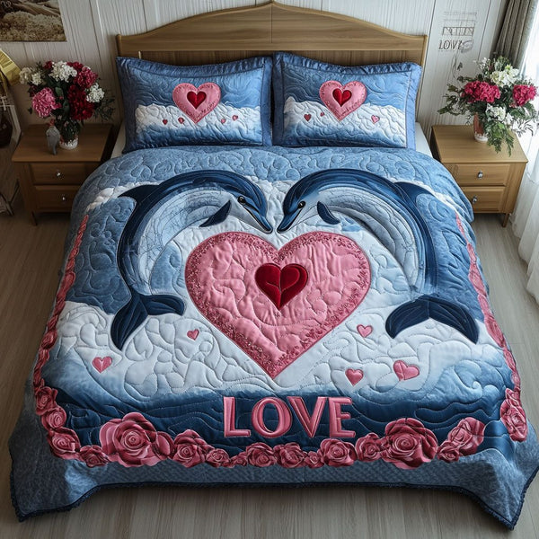 Marine Bliss quilted 3-piece bedding set on a made bed in a warmly lit bedroom