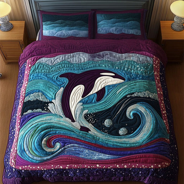 Marine Bliss quilted 3-piece bedding set on a made bed in a warmly lit bedroom