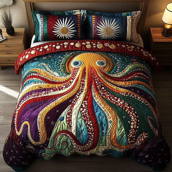 Marine Charm quilted 3-piece bedding set on a made bed in a warmly lit bedroom