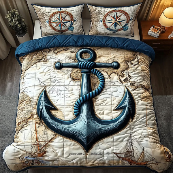 Marine Charm quilted 3-piece bedding set on a made bed in a warmly lit bedroom