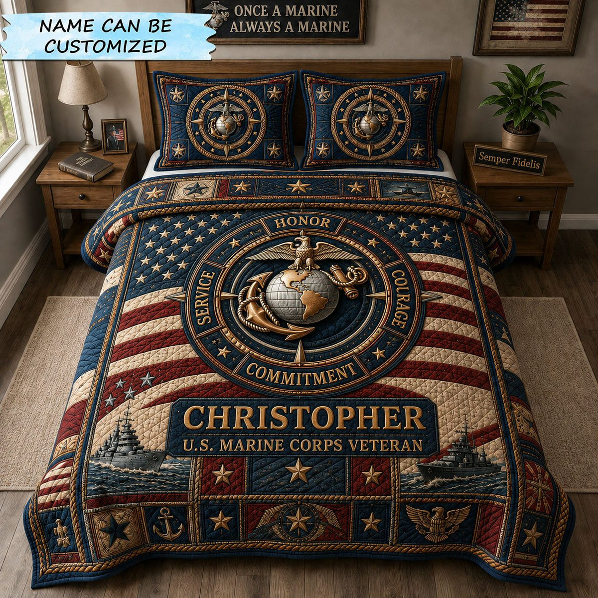 Marine Compass of Honor quilted 3-piece bedding set on a made bed in a warmly lit bedroom