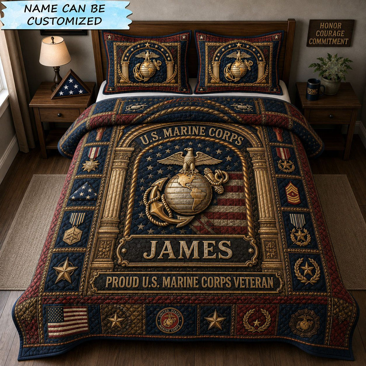 Marine Corps Legacy Tribute quilted 3-piece bedding set on a made bed in a warmly lit bedroom