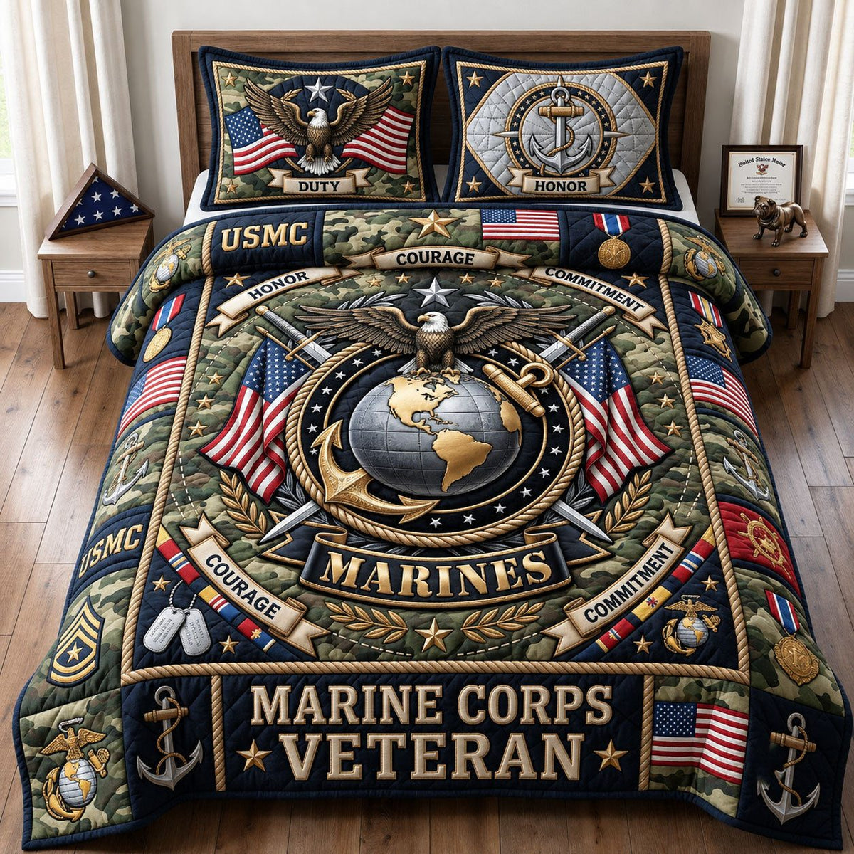 Marine Corps Veteran quilted 3-piece bedding set on a made bed in a warmly lit bedroom