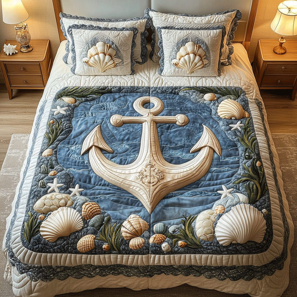 Marine Escape quilted 3-piece bedding set on a made bed in a warmly lit bedroom