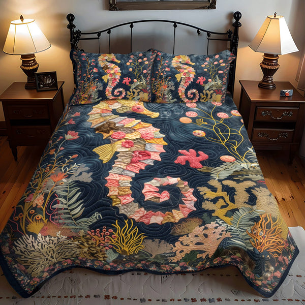 Marine Garden quilted 3-piece bedding set on a made bed in a warmly lit bedroom