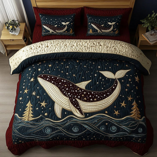 Marine Grace quilted 3-piece bedding set on a made bed in a warmly lit bedroom