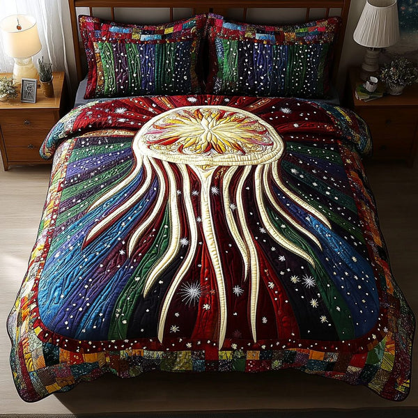 Marine Grace quilted 3-piece bedding set on a made bed in a warmly lit bedroom