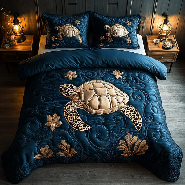 Marine Grace quilted 3-piece bedding set on a made bed in a warmly lit bedroom