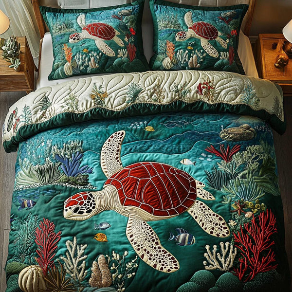 Marine Harmony quilted 3-piece bedding set on a made bed in a warmly lit bedroom