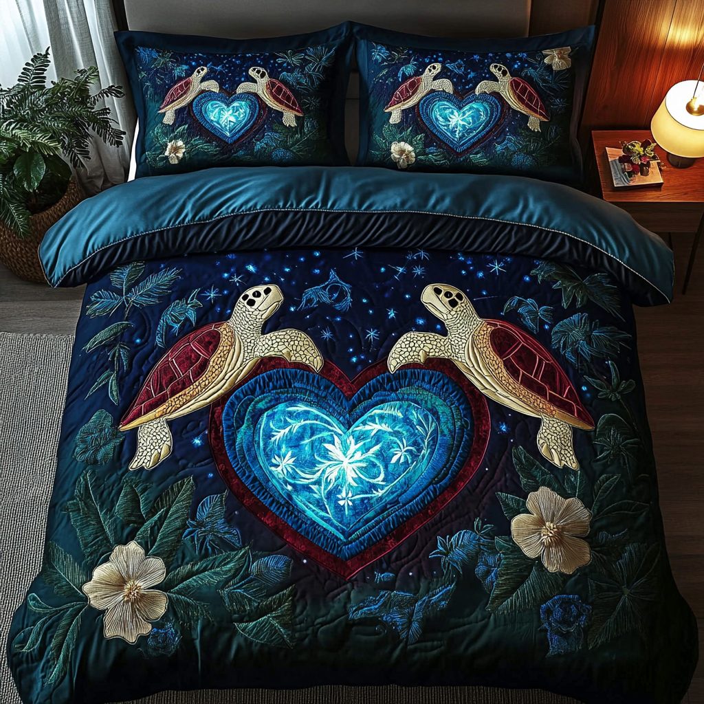 Marine Harmony quilted 3-piece bedding set on a made bed in a warmly lit bedroom