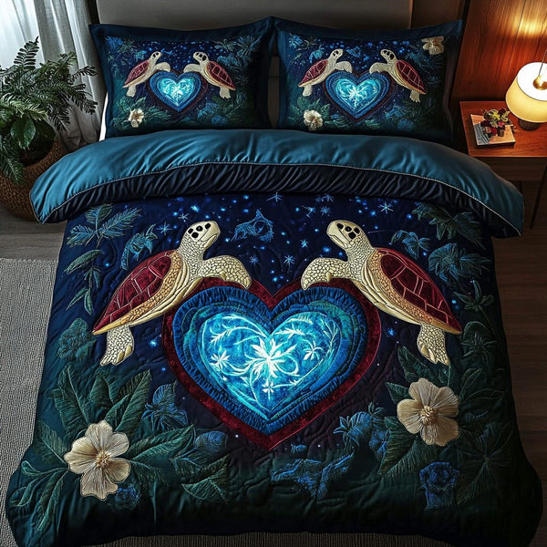 Marine Harmony quilted 3-piece bedding set on a made bed in a warmly lit bedroom