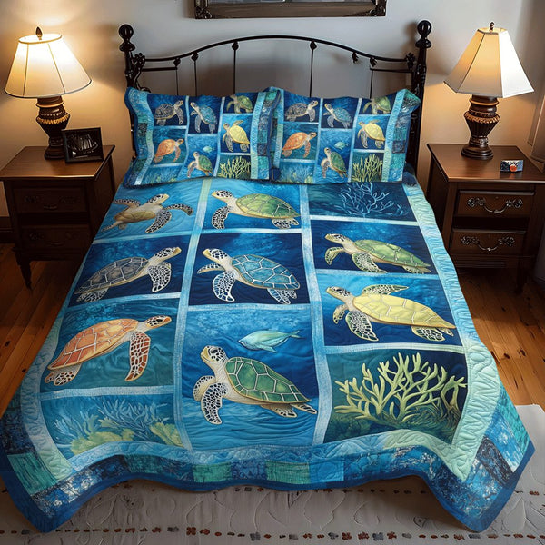Marine Harmony quilted 3-piece bedding set on a made bed in a warmly lit bedroom