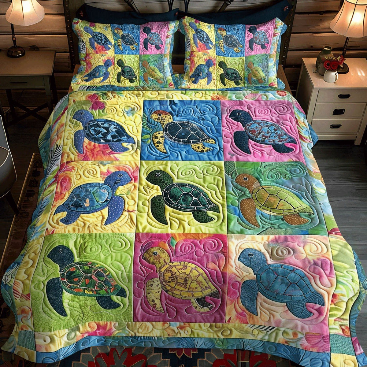 Marine Harmony quilted 3-piece bedding set on a made bed in a warmly lit bedroom