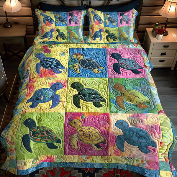 Marine Harmony quilted 3-piece bedding set on a made bed in a warmly lit bedroom