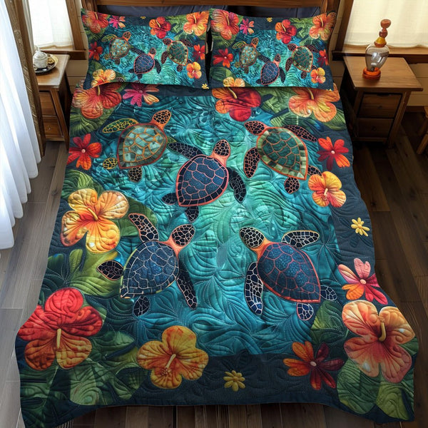 Marine Journey quilted 3-piece bedding set on a made bed in a warmly lit bedroom