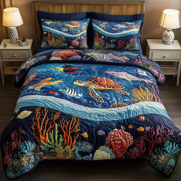 Marine Life quilted 3-piece bedding set on a made bed in a warmly lit bedroom