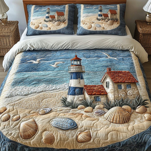 Marine Magic quilted 3-piece bedding set on a made bed in a warmly lit bedroom