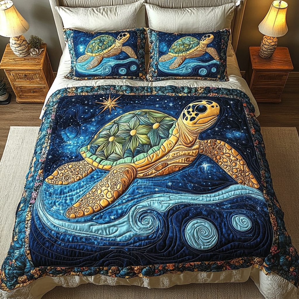 Marine Majesty quilted 3-piece bedding set on a made bed in a warmly lit bedroom