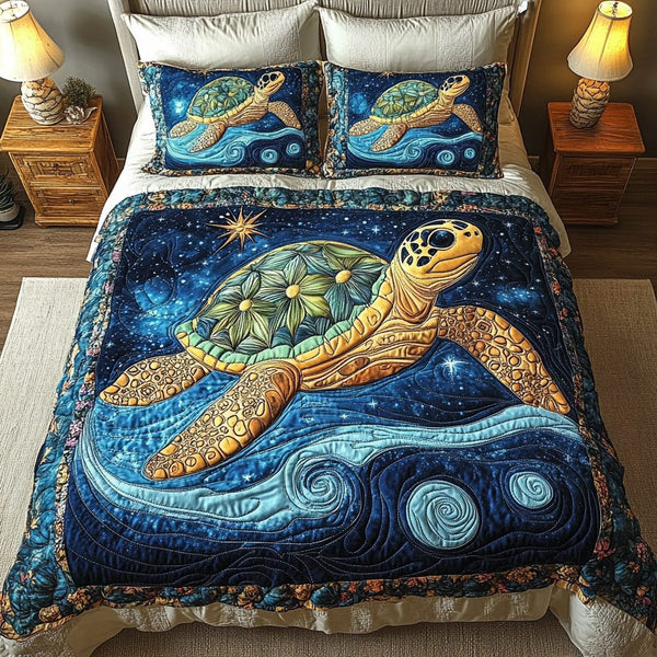 Marine Majesty quilted 3-piece bedding set on a made bed in a warmly lit bedroom