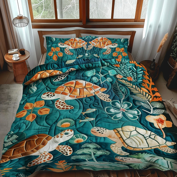 Marine Majesty quilted 3-piece bedding set on a made bed in a warmly lit bedroom