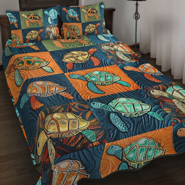 Marine Melody quilted 3-piece bedding set on a made bed in a warmly lit bedroom