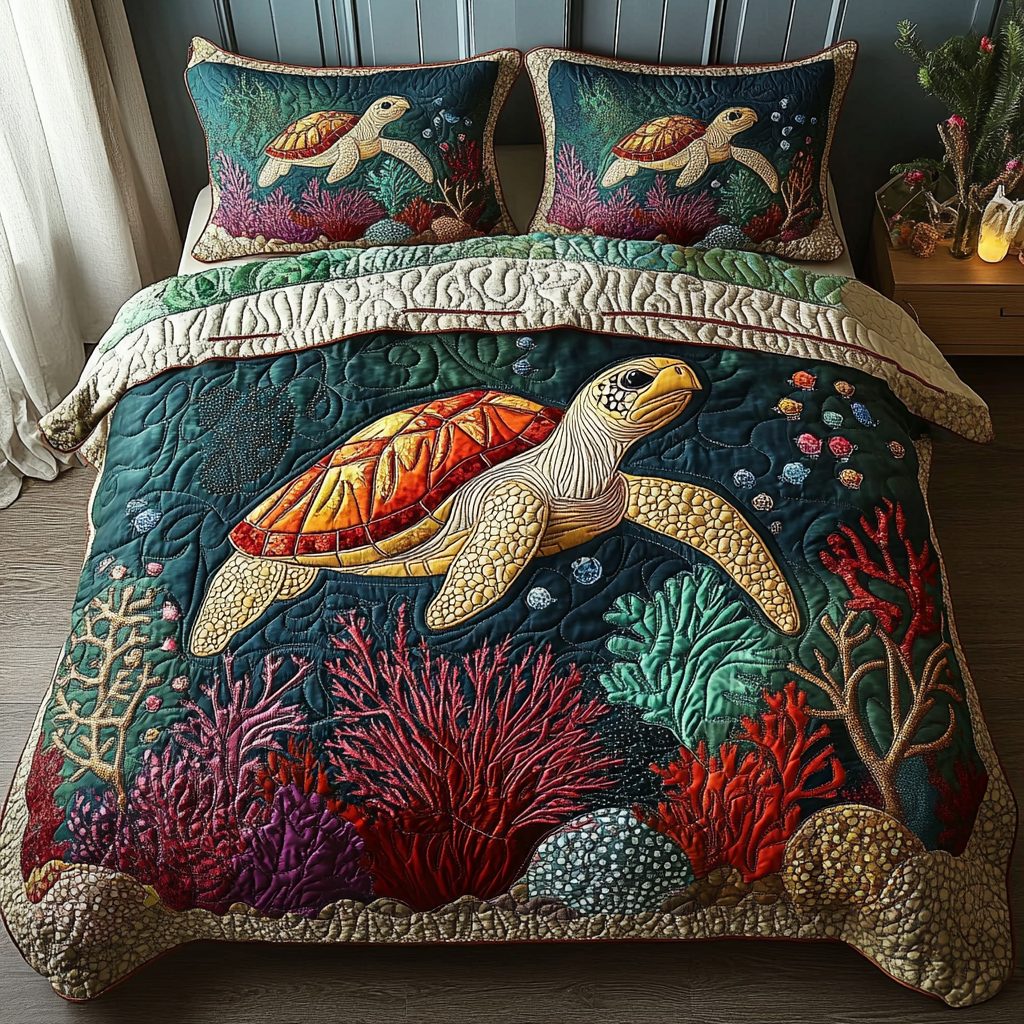 Marine Melody quilted 3-piece bedding set on a made bed in a warmly lit bedroom