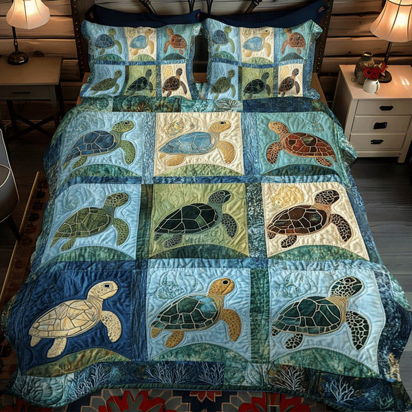 Marine Melody quilted 3-piece bedding set on a made bed in a warmly lit bedroom