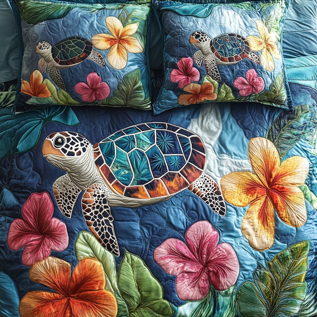 Marine Melody quilted 3-piece bedding set on a made bed in a warmly lit bedroom
