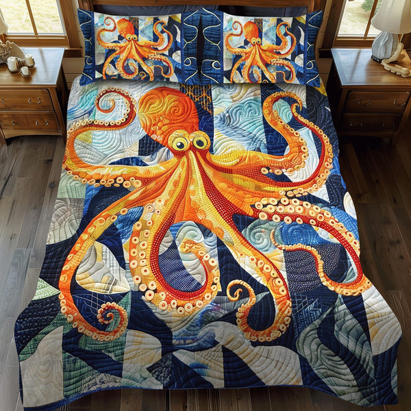 Marine Monarch quilted 3-piece bedding set on a made bed in a warmly lit bedroom