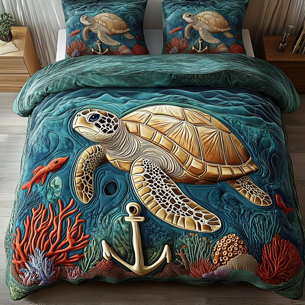Marine Mosaic quilted 3-piece bedding set on a made bed in a warmly lit bedroom