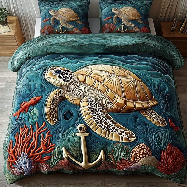 Marine Mosaic quilted 3-piece bedding set on a made bed in a warmly lit bedroom