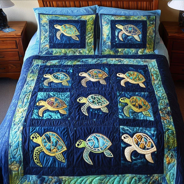 Marine Oasis quilted 3-piece bedding set on a made bed in a warmly lit bedroom