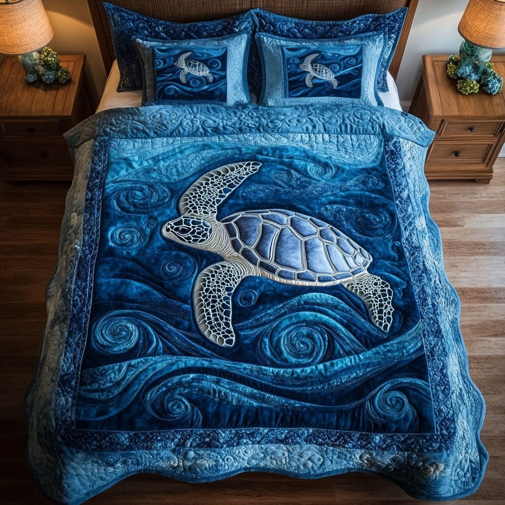 Marine Serenity quilted 3-piece bedding set on a made bed in a warmly lit bedroom