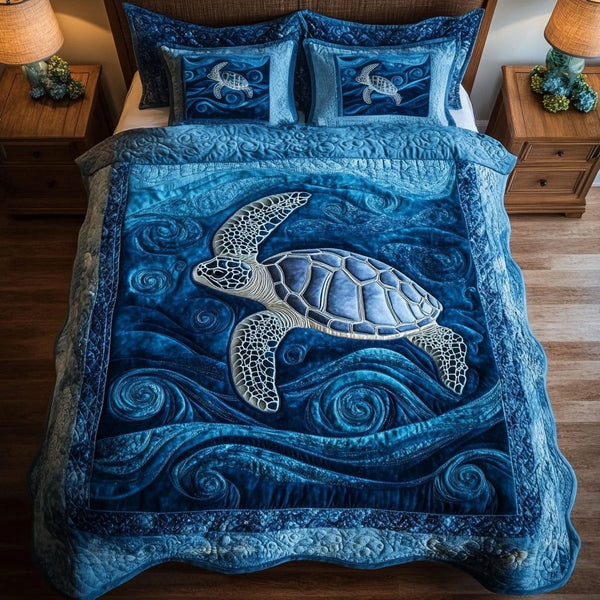Marine Serenity quilted 3-piece bedding set on a made bed in a warmly lit bedroom