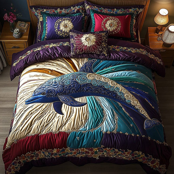 Marine Spirit quilted 3-piece bedding set on a made bed in a warmly lit bedroom