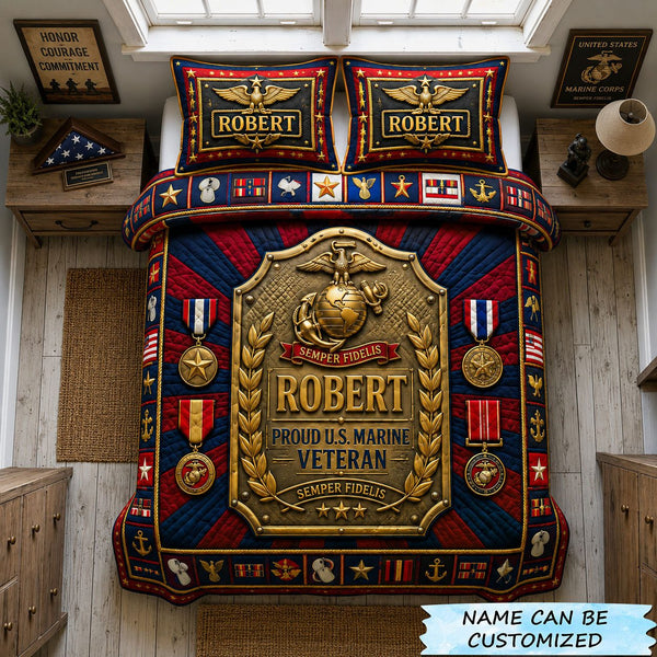 Marine Veteran Medal of Honor quilted 3-piece bedding set on a made bed in a warmly lit bedroom