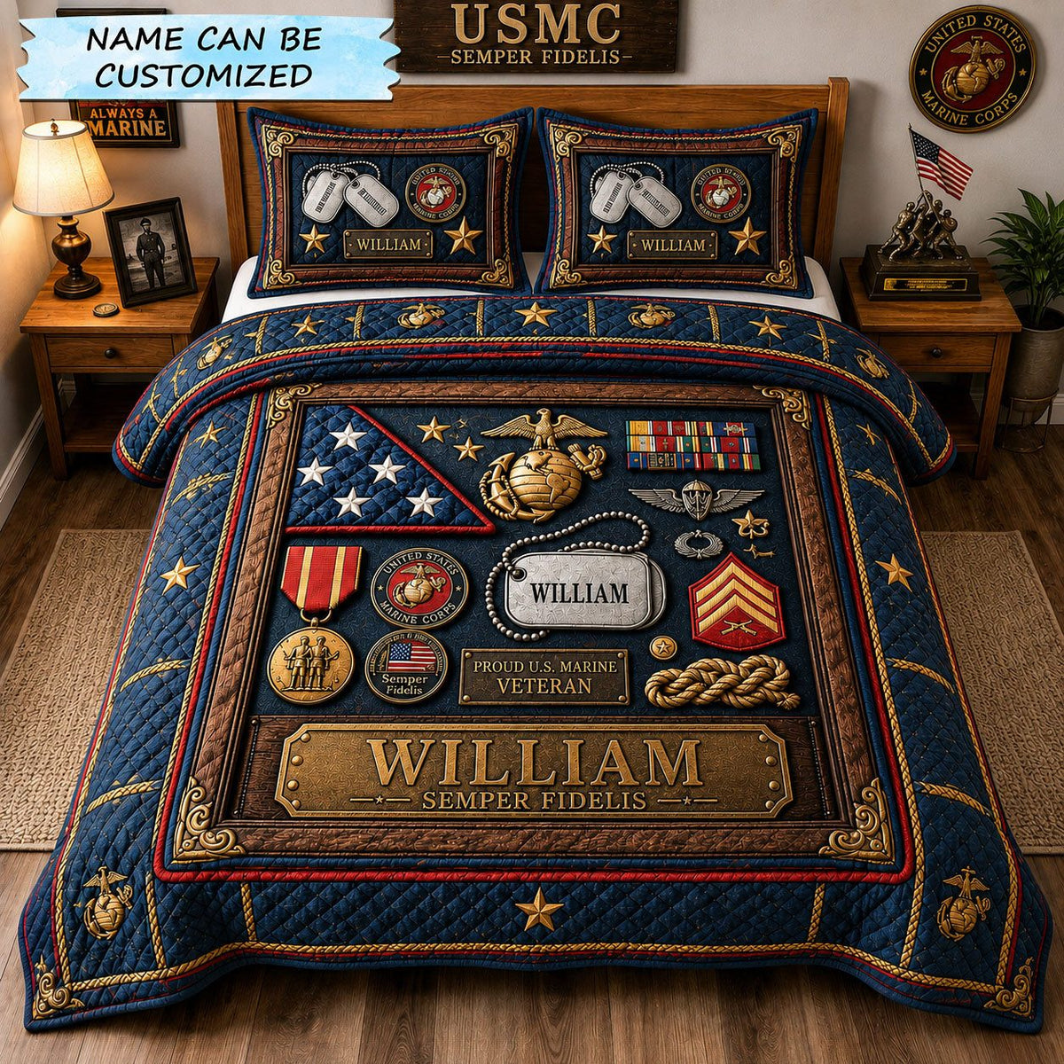 Marine Veteran Shadow Box Honor quilted 3-piece bedding set on a made bed in a warmly lit bedroom