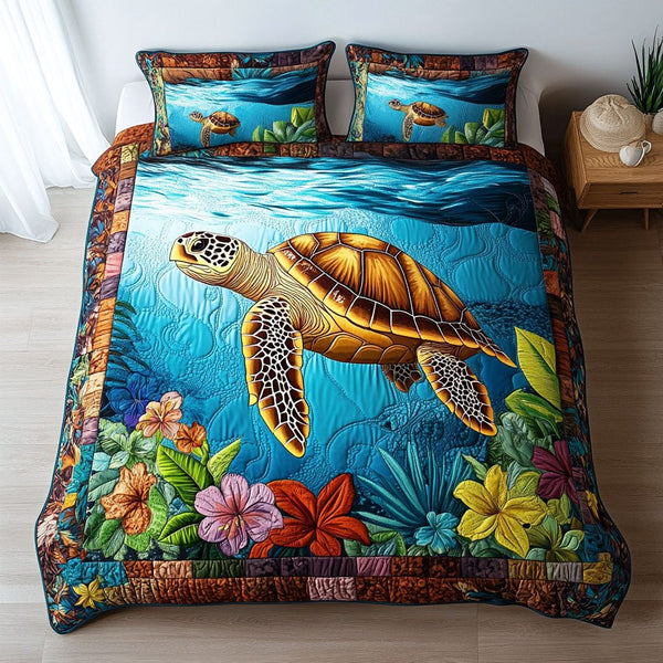 Marine Wanderer quilted 3-piece bedding set on a made bed in a warmly lit bedroom