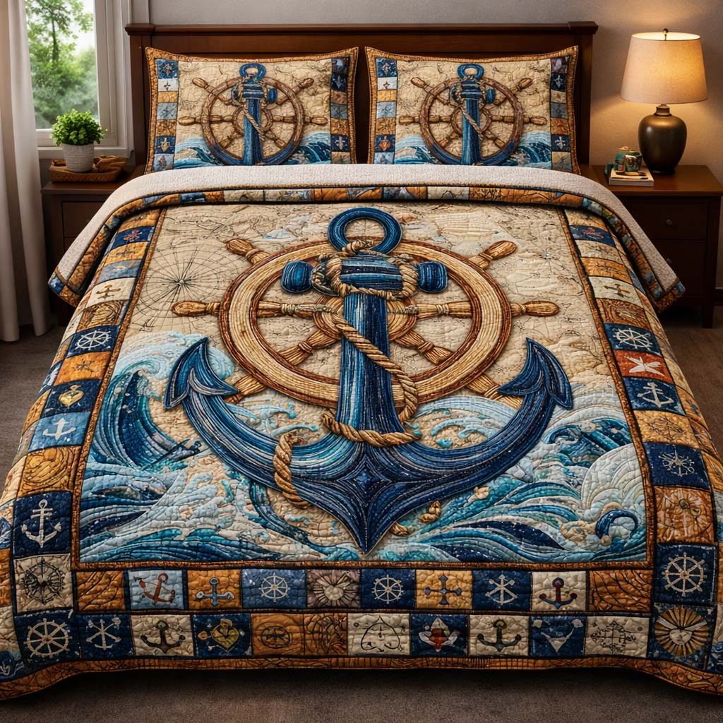 Mariner Anchor Legacy quilted 3-piece bedding set on a made bed in a warmly lit bedroom