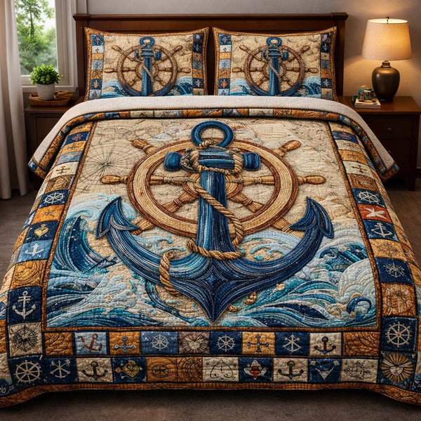 Mariner Anchor Legacy quilted 3-piece bedding set on a made bed in a warmly lit bedroom