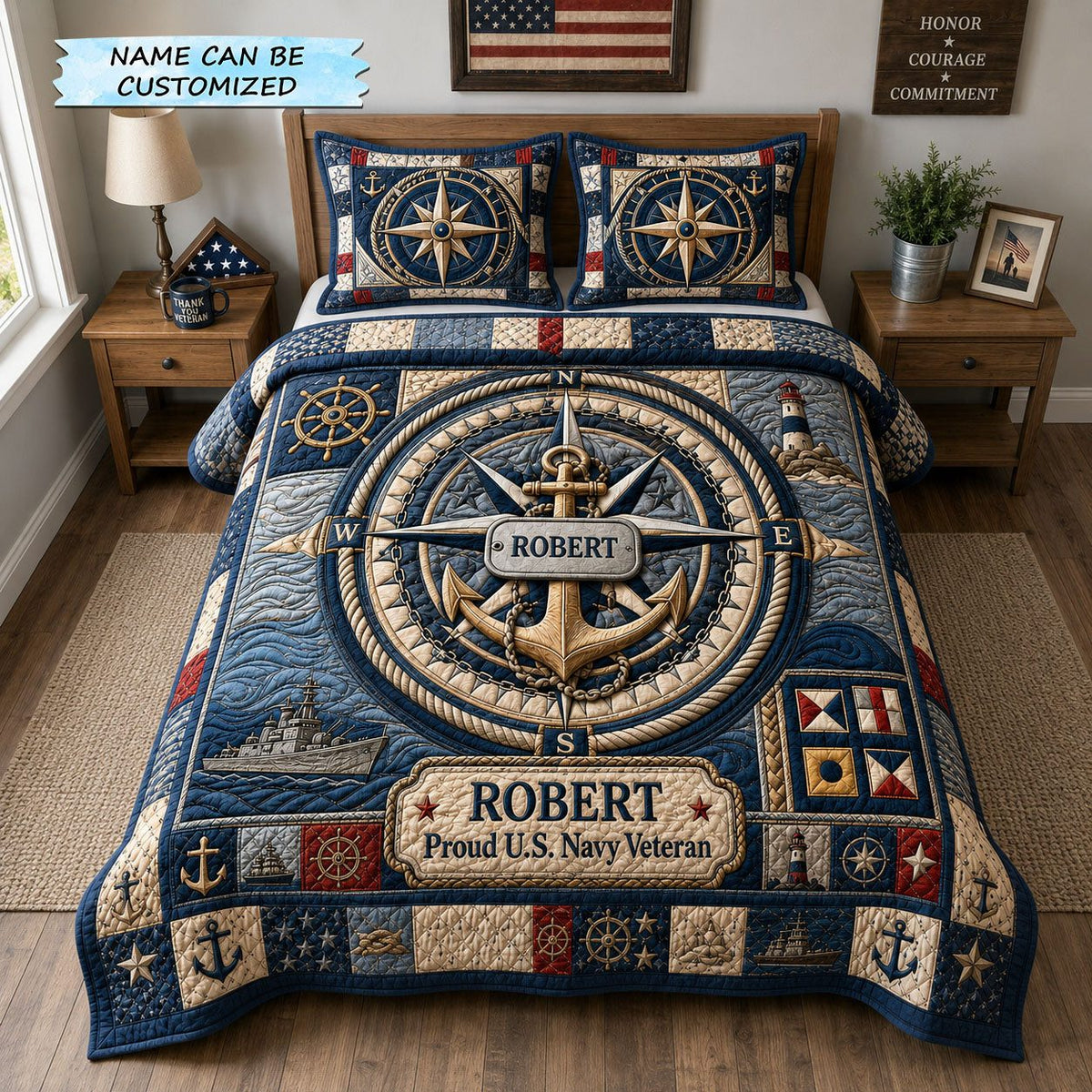 Mariner Compass Legacy quilted 3-piece bedding set on a made bed in a warmly lit bedroom